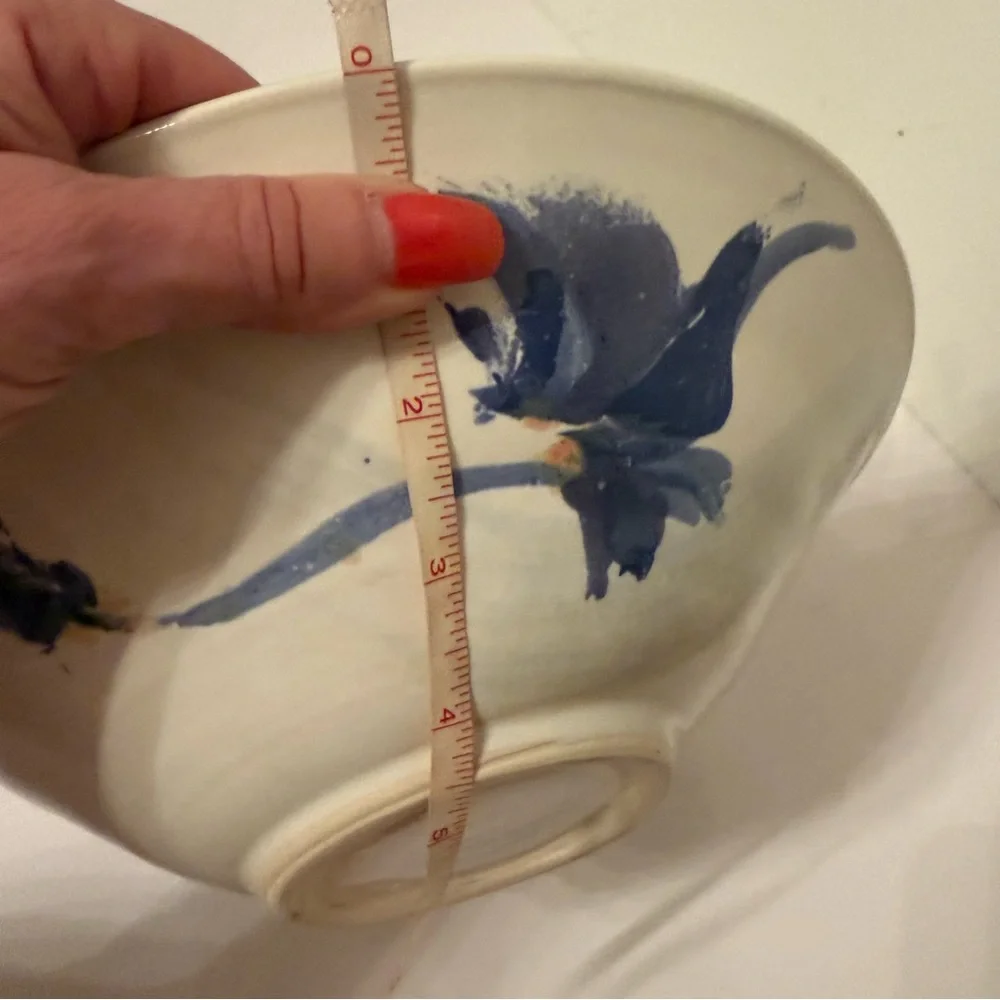 BOWL ASIAN STYLE TRANQUILITY FLORAL WHITE BLUE POTTERY SIGNED HANDMADE